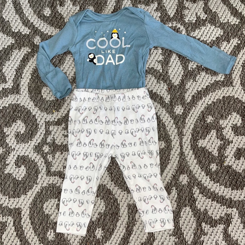 "Cool like Dad" Carter's penguin onesie and penguin pants